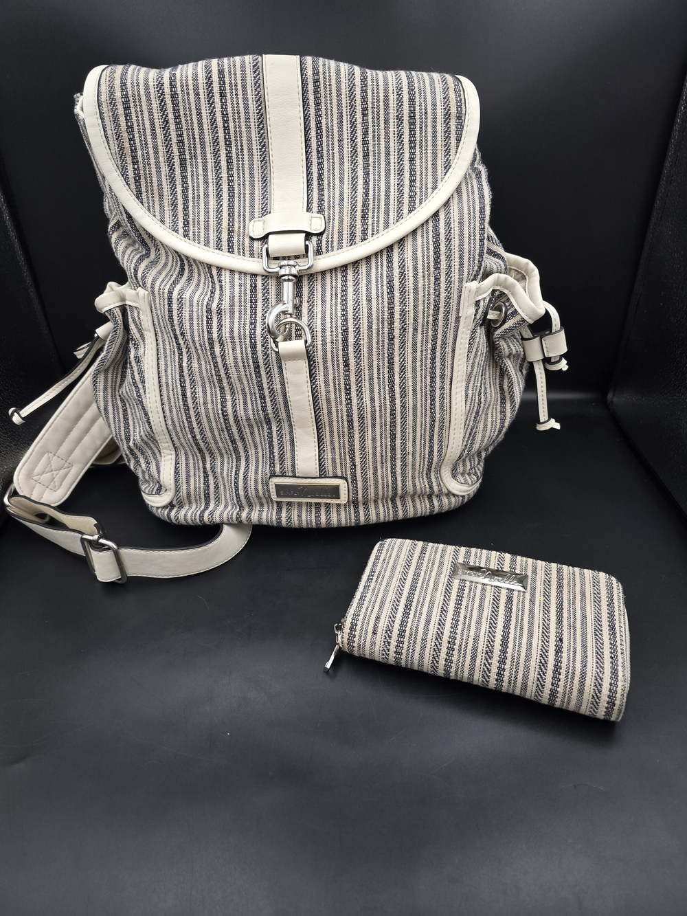 Simply Noelle Cream & Navy Striped Canvas Backpack with Matching Wallet